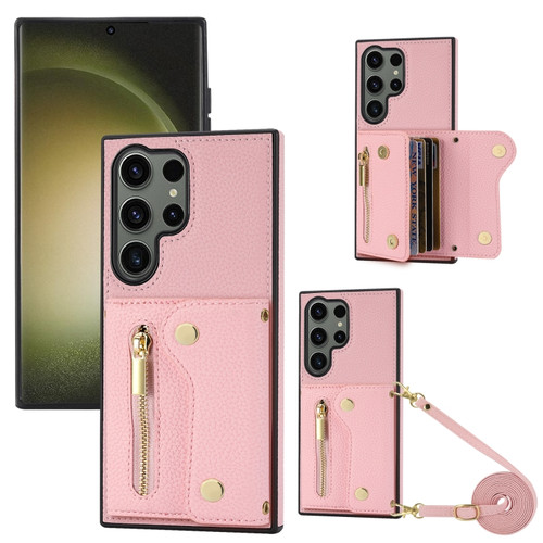 Samsung Galaxy S24 Ultra DF-09 Crossbody Litchi texture Card Bag Design PU Phone Case - Pink